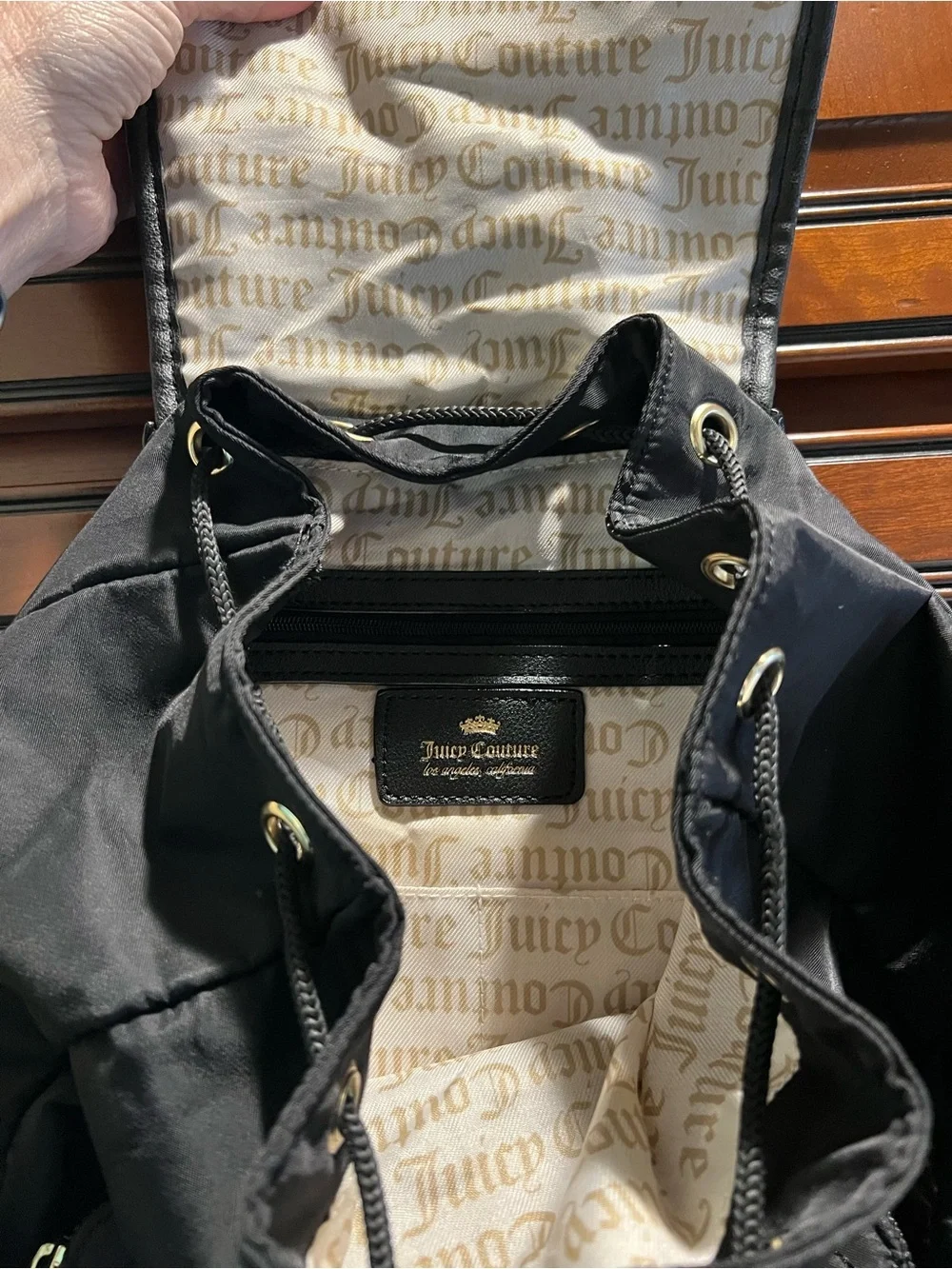 Juicy Couture Vintage Quilted Black Backpack w/Heart Patch Snap Flap Closure